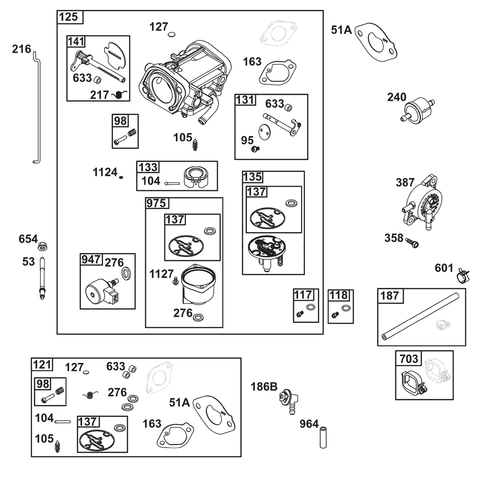 Carburetor And Fuel Supply Group Diagram and Parts List for 40N777-0010-B5 400000 - 699999 Briggs and Stratton Engine